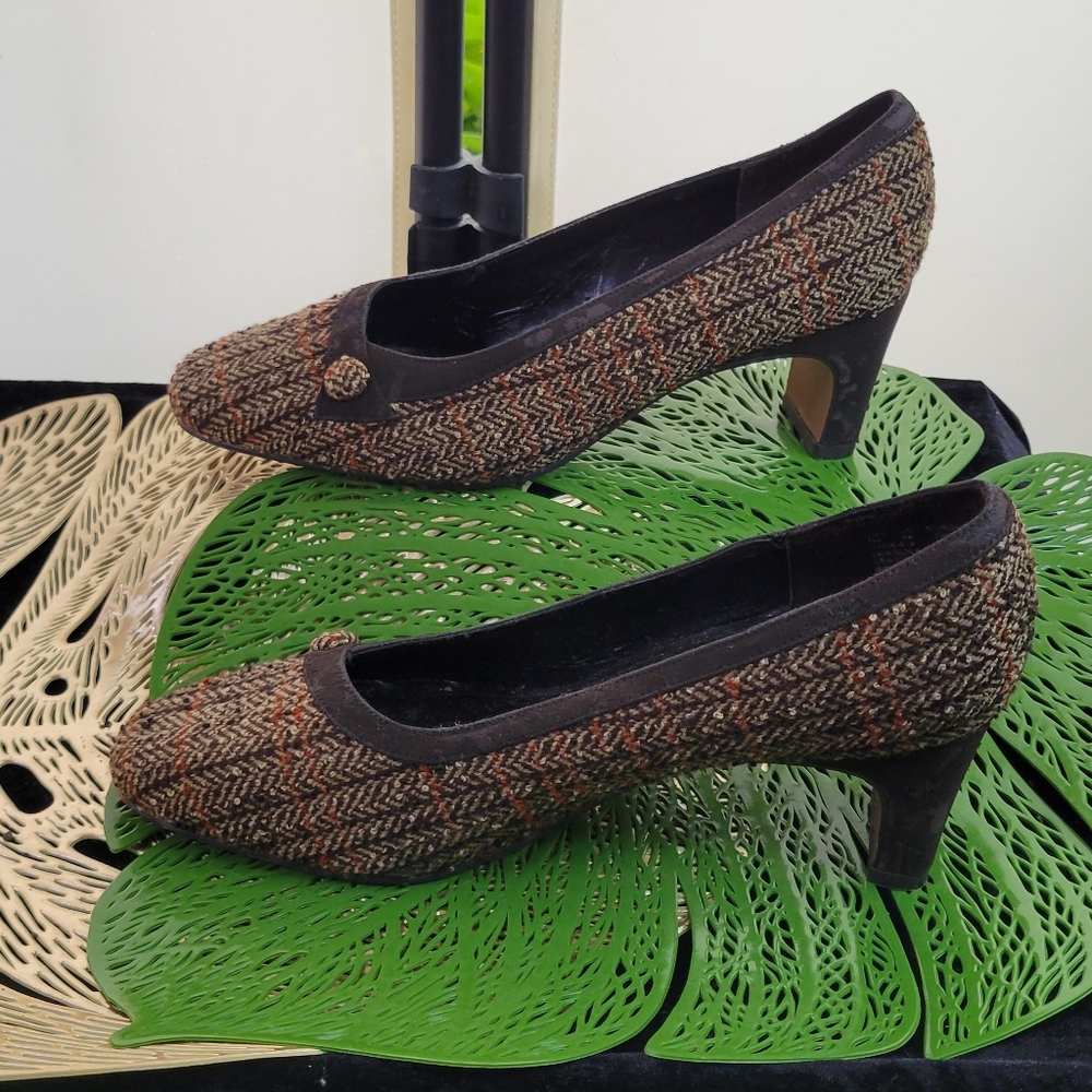 Soft Style Tweed Herringbone Heels Brown Plaid Pump Classic Retro Chic 👠✨ - Picture 9 of 16